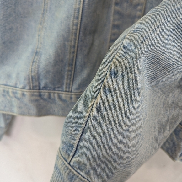 Vintage Denim Jacket Women Large Jean 80s 90s Y2K Linen Collar Light Wash Crop - Picture 11 of 14